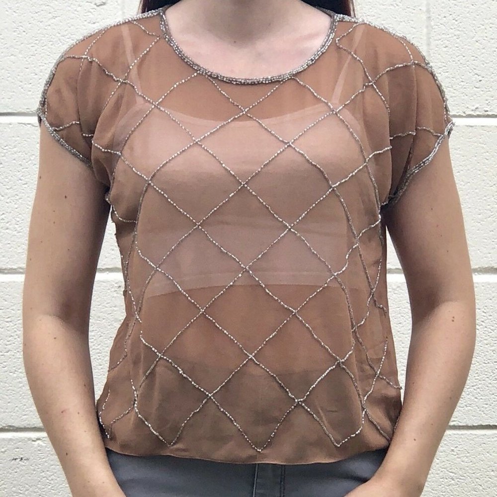 Forever 21 Nude Beaded Shirt Blouse Size Small